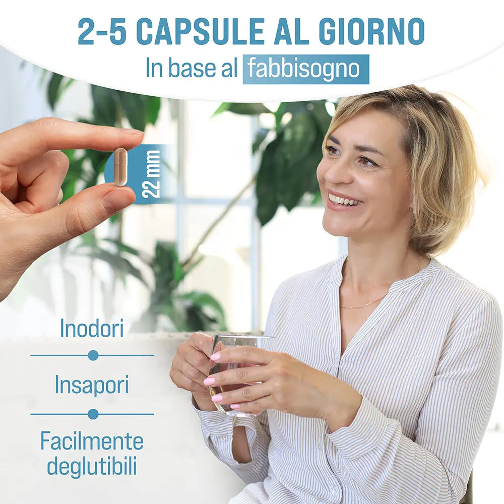 Integratore Collagene e Acido Ialuronico capsule facili da deglutire 22 mm, inodori e insapori, 2-5 capsule al giorno secondo fabbisogno.
