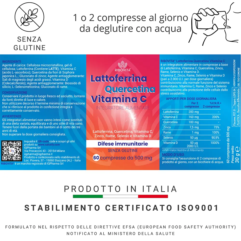 Etichetta integratore Lattoferrina Quercetina Vitamina C Ribovita® con Zinco, Rame, Selenio e Vitamina D3, 60 compresse senza glutine, prodotto in Italia.