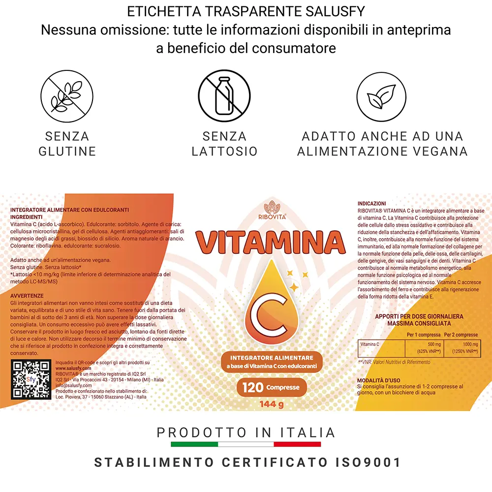 Etichetta completa Vitamina C Ribovita® con ingredienti, valori nutrizionali e indicazioni, senza glutine, senza lattosio, adatta a vegani, prodotto in Italia.