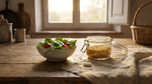 Spinaci freschi e semi di lino su tavolo di cucina italiana, fonti naturali di acido alfa lipoico per il supporto al sistema nervoso periferico