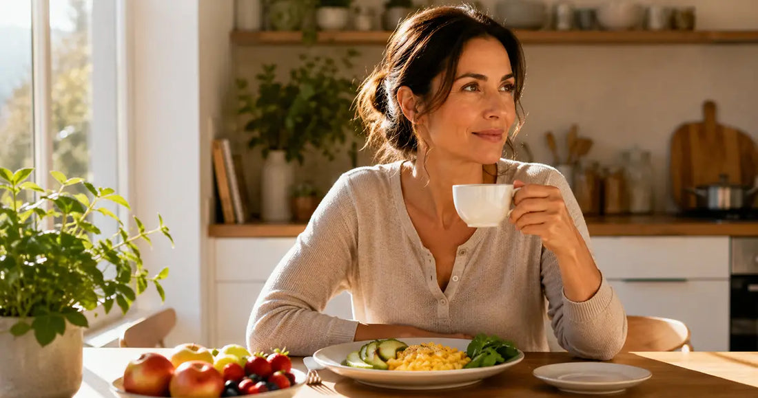 Donna sulla quarantina in forma e serena che fa colazione alla luce del mattino guardando fuori dalla finestra
