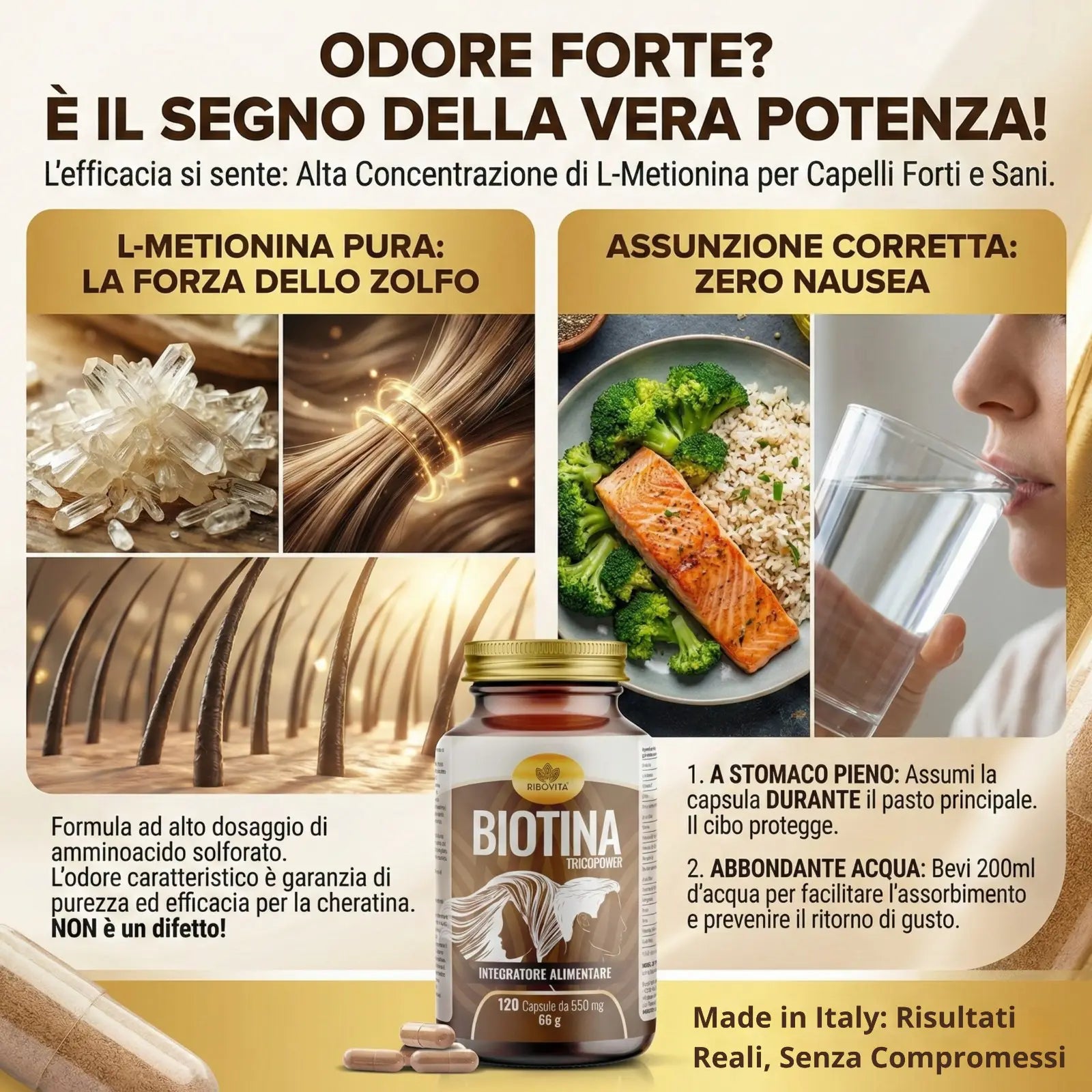 Vera potenza della L-Metionina pura: l'odore caratteristico dello zolfo è segno di alta efficacia della formula.