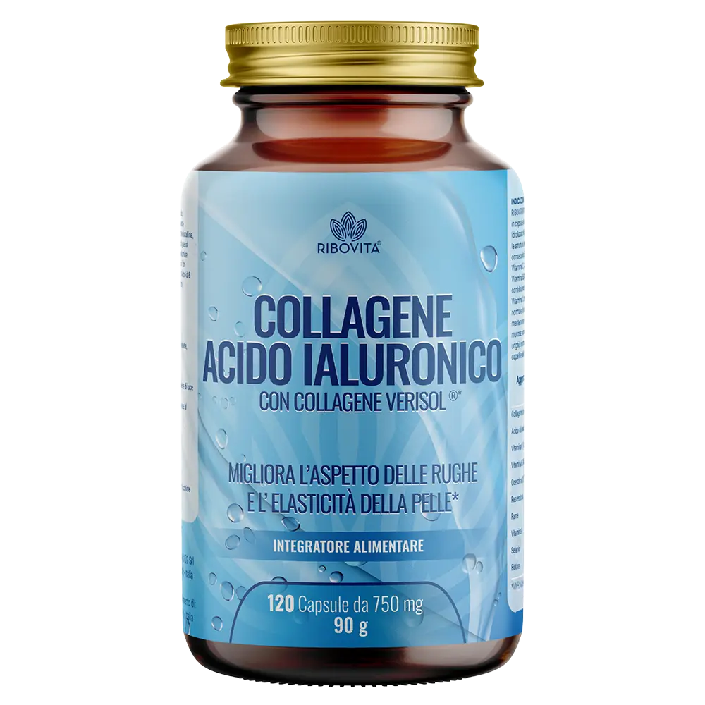 Collagene e Acido Ialuronico della linea Ribovita® prodotta da Salusfy. Integratore anti-aging con collagene VERISOL®. 120 capsule per confezione.