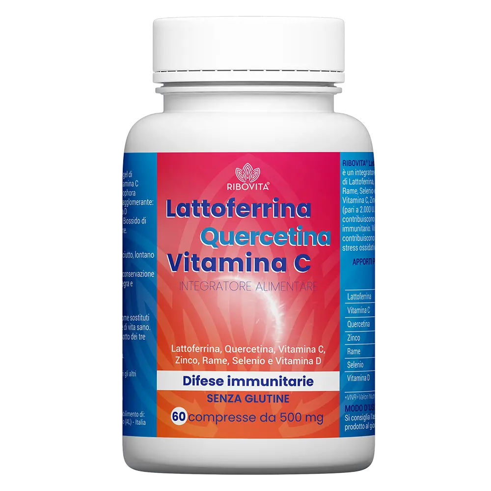 Integratore Lattoferrina Quercetina Vitamina C Ribovita® con vitamina D3, Zinco, Rame e Selenio per il supporto delle difese immunitarie.