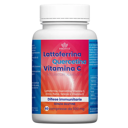 Integratore Lattoferrina Quercetina Vitamina C Ribovita® con vitamina D3, Zinco, Rame e Selenio per il supporto delle difese immunitarie.