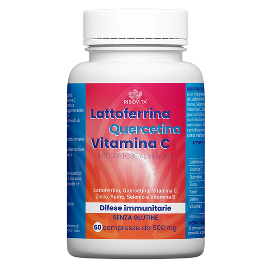 Integratore Lattoferrina Quercetina Vitamina C Ribovita® con vitamina D3, Zinco, Rame e Selenio per il supporto delle difese immunitarie.