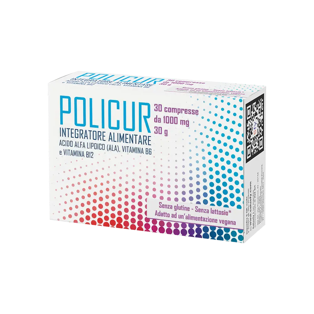 Astuccio POLICUR® Salusfy - Acido Alfa Lipoico 600 mg per compressa con Vitamina B6 e B12. 30 compresse per confezione.