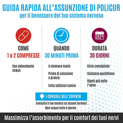 Modalità d'uso POLICUR®: si consiglia l'assunzione di 1 o 2 compresse al giorno prima dei pasti principali per un supporto intensivo.