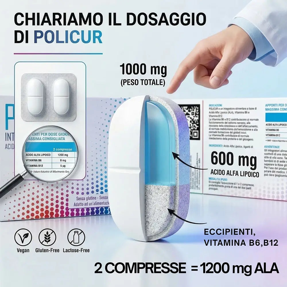 Dosaggio massimo di Acido Alfa Lipoico: POLICUR® fornisce 1200 mg di ALA al giorno con sole 2 compresse, garantendo un supporto intensivo per i nervi.
