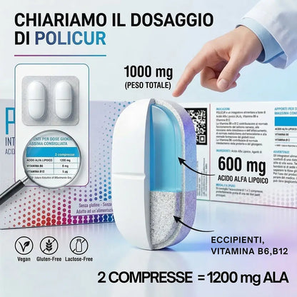 Dosaggio massimo di Acido Alfa Lipoico: POLICUR® fornisce 1200 mg di ALA al giorno con sole 2 compresse, garantendo un supporto intensivo per i nervi.