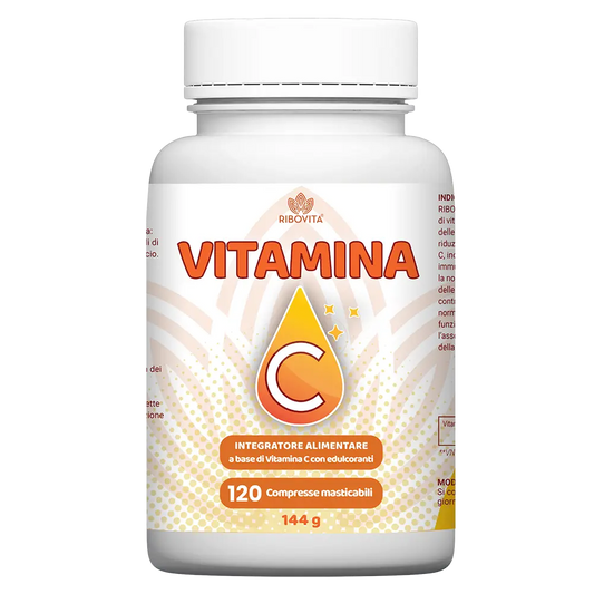 Integratore Vitamina C Ribovita® 120 compresse masticabili 1000 mg con acido L-ascorbico per supporto sistema immunitario e riduzione stanchezza.